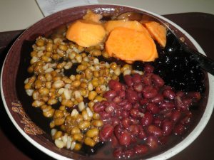 Grass jelly with barley, red beans and sweet potato