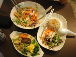 L top: charcoal noodle salad, R: brown rice set with steamed veggies