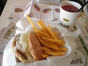 Meal deal: cracked pepper may burger with seaweed fries and beetroot juice