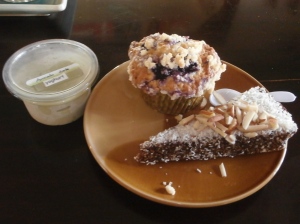 Blueberry muffin (GF), raw cake (GF) and avocado frozen yoghurt